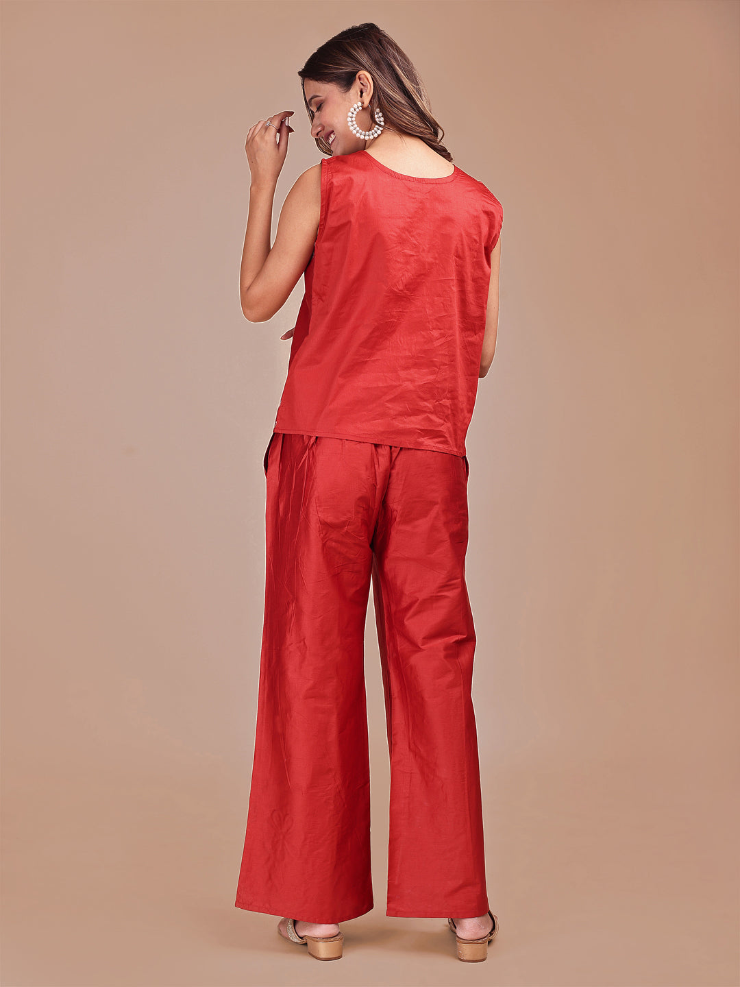 Rust Colored Jam Cotton With Cheeku Color Stylized Embroidery Co-ord Set